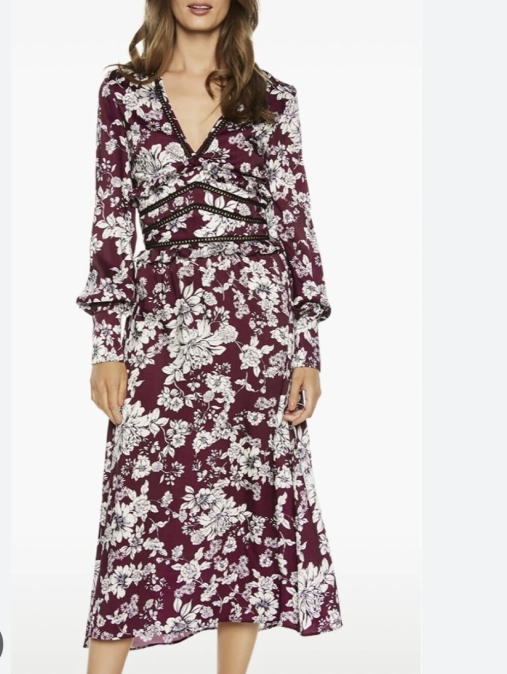 Bardot Morgan Velvet Burgundy Floral Lace Trim V-Neck Midi Dress Size 8
